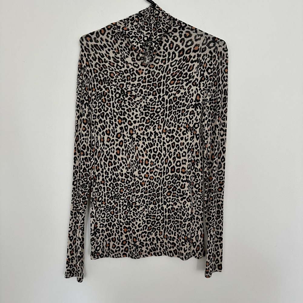Chelsea 28 Shirt Womens Medium Mock Neck Leopard‎ Print Long Sleeve Sheer Top